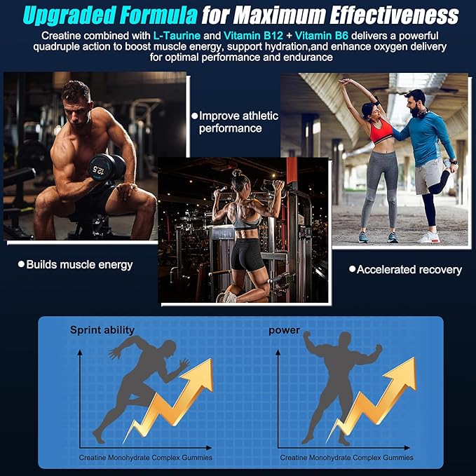 Creatine Monohydrate Gummies 5g for Men &amp Women120 Sugar-Free Chews Pre Workout Creatine Supplement with L-Taurine &amp Vitamins for Muscle Strength Boost Energy &amp Endurance-Blueberry Flavo