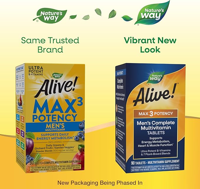 Nature's Way Alive! Men’s Max3 Potency Multivitamins Supports Energy Metabolism* Heart &amp Muscle Function* with Methylated B12 and Folate Gluten-Free 90 Tablets (Pack of 2)