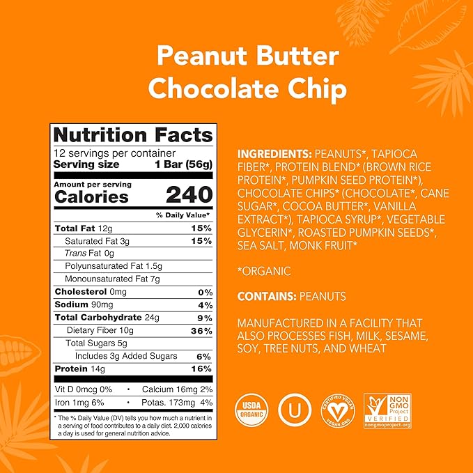 ALOHA Organic Plant Based Protein Bars |Peanut Butter Chocolate Chip | 1.98 Oz (Pack of 12) | Vegan Low Sugar Gluten Free Paleo Low Carb Non-GMO Stevia Free Soy Free No Sugar Alcohols
