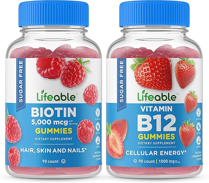 Lifeable Sugar Free Biotin + Vitamin B12 Gummies Bundle - Great Tasting Vitamin Supplement Gluten Free GMO Free Chewable Gummy