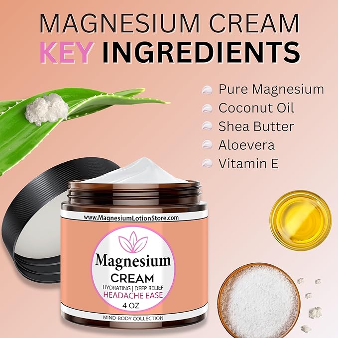 Magnesium Cream for Headache Migraines Muscle Soreness Cramps Relief with Shea Butter Coconut Oil Aloe Vitamin E - Magnesium Cream for Calm &amp Relaxation - Peperminty Scent - 4fl oz - USA Mad