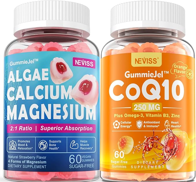 Sugar Free Calcium Supplement 600mg Algae Calcium Magnesium 2:1 Ratio + Sugar-Free CoQ10-250mg Filled Gummies High Absorption Coenzyme Q10