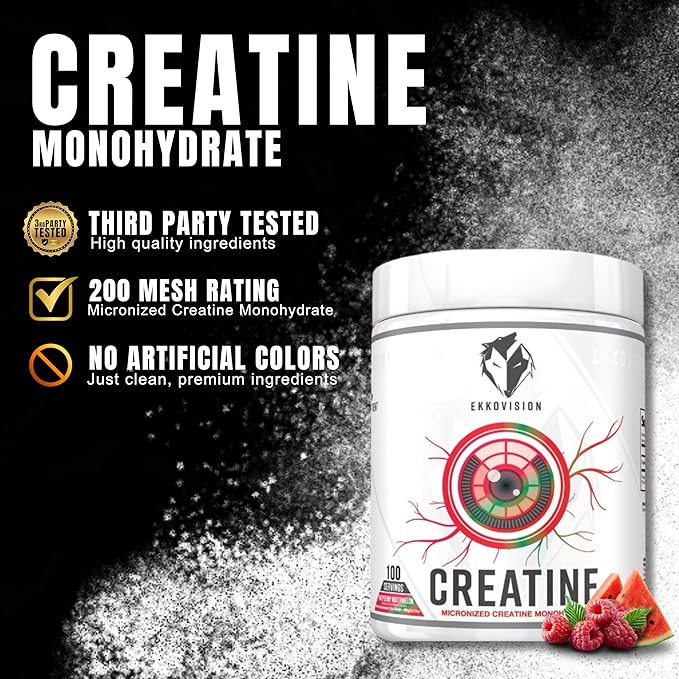Ekkovision Creatine Monohydrate Powder Micronized Raspberry Watermelon Pre &amp Post Workout Supplement for Men and Women Energy Support Easy to Mix in Shakes Smoothies &amp Beverages 100 Ser