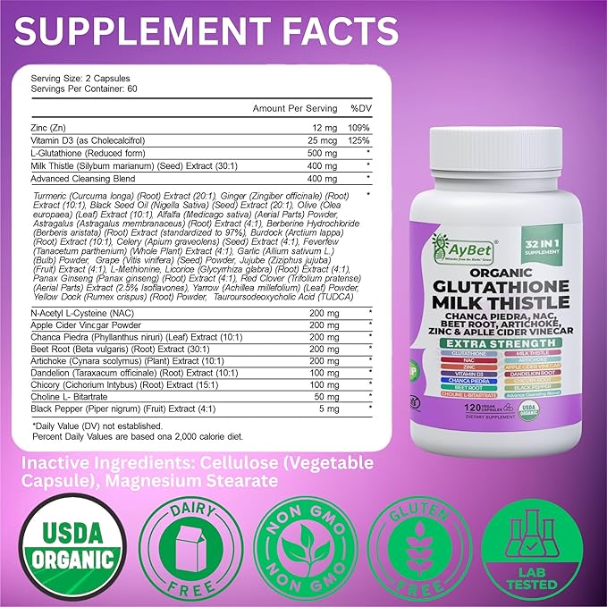 Glutathione NAC Milk Thistle Supplement | Liver Health Support | 32-in-1 Herbal Antioxidant Formula with Chanca Piedra Turmeric Dandelion Root Beet Root &amp Zinc | Halal Vegan Organic Daily Welln