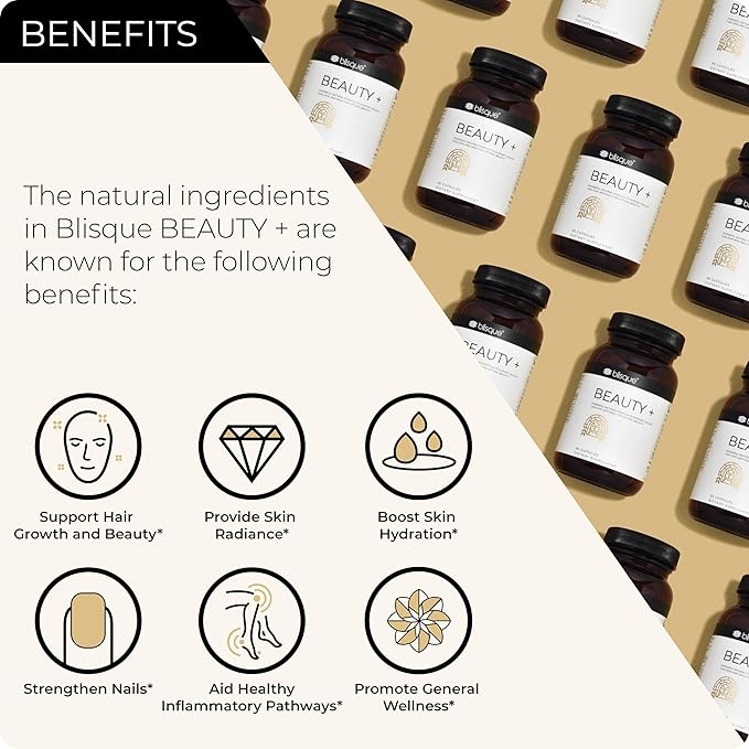 Blisque - Natural Beauty Supplement for Nail Strength Hair Growth and Skin Care | with Biotin &amp Hyaluronic Acid | Doctor Approved | Vegan and Non-GMO | 90 Capsules