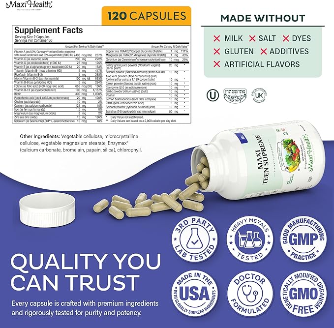 Teen Vitamins for Boys 12-17 - Teen Multivitamin Supreme with D3 Iron Calcium Biotin Digestive Enzymes – Teenager Boy Multi Vitamins for Energy Brain &amp Mood Support – 120 Count
