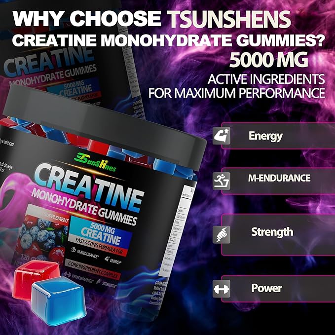 Creatine Monohydrate Gummies 5g (5000mg) Sugar-Free Creatine Pre-Workout Energy Veg Non-GMO for Men &amp Women - 120 Count Cherry Flavor with Blueberry Flavor