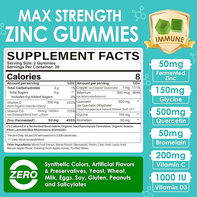 Fermented Zinc Gummies 50mg Quercetin Bromelain Vitamin C &amp D3 Superior Absorption Zinc Supplements for Women &amp Men Immune Powerful Antioxidant Zinc Picolinate Alternaitive Sugar Free