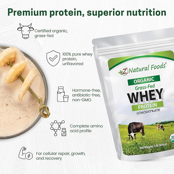 Z Natural Foods Organic Whey Protein Concentrate - Nutrient-Dense Grass Fed Whey Protein Powder - Cold Processed Pure Whey Protein with Essential Amino Acids for Nutrition &amp Fitness Unflavored 1