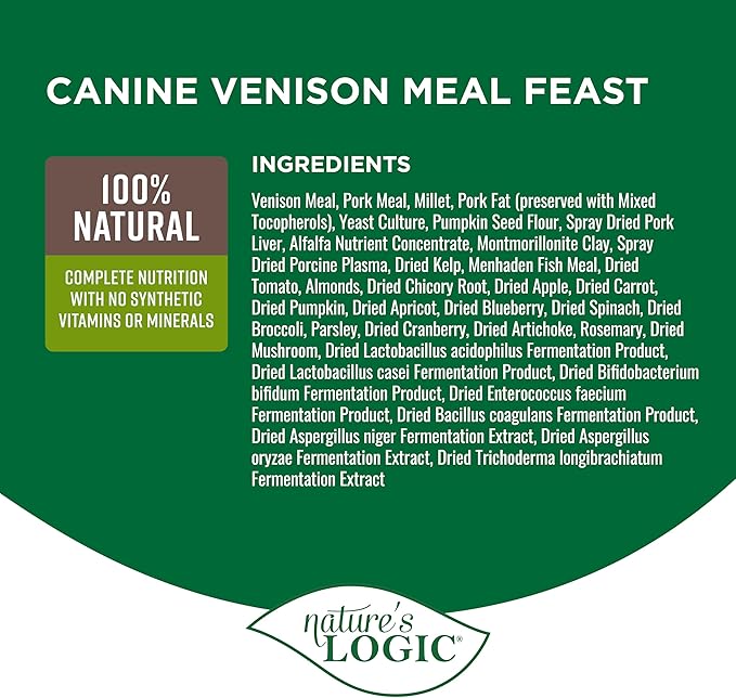 Nature's Logic Dry Dog Food - 100% Natural - No Synthetics - for All Ages Sizes Breeds - Free from Common Allergens High Protein - Venison Meal Feast 13lbs