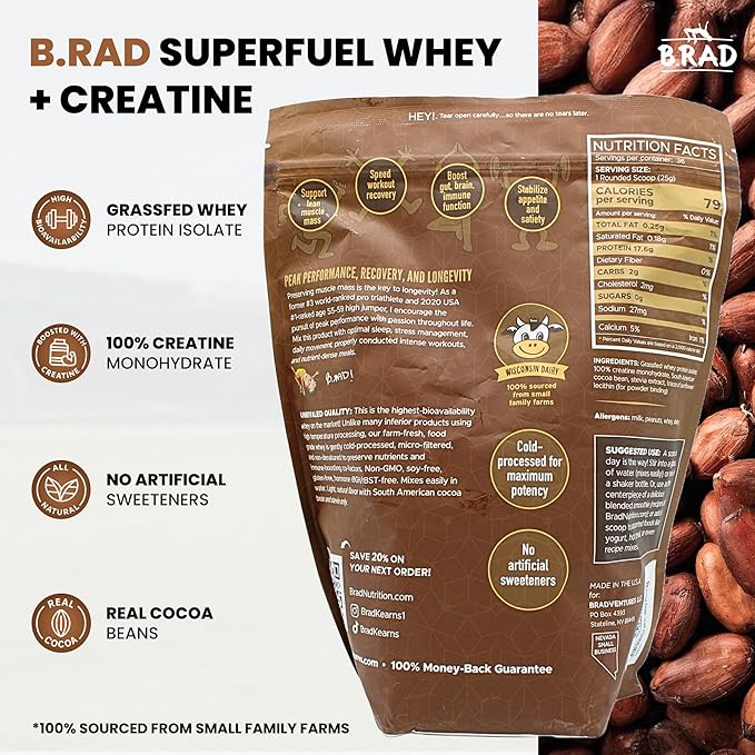 B.rad Superfuel - Grass Fed Whey Protein Isolate Boosted with Creatine | Farm-Fresh Easy-to-Digest Clean Ingredients | 2 Pounds | 100% USA Sourced | Cocoa Bean (Chocolate)