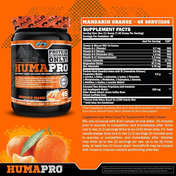 Humapro | Amino Acids Protein Matrix for Humans | 99% Utilization for Lean Muscle | Vegan Gluten Free | 334g / 45 Servings (Mandarin Orange)