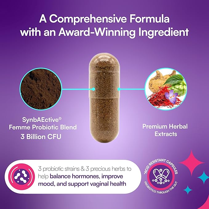 SynaFlora Vaginal Probiotics for Women - Supports Hormone Harmony &amp Vaginal Flora - Probiotic Supplement with Maca Root &amp Saffron Extract - 60 Vegan Capsules