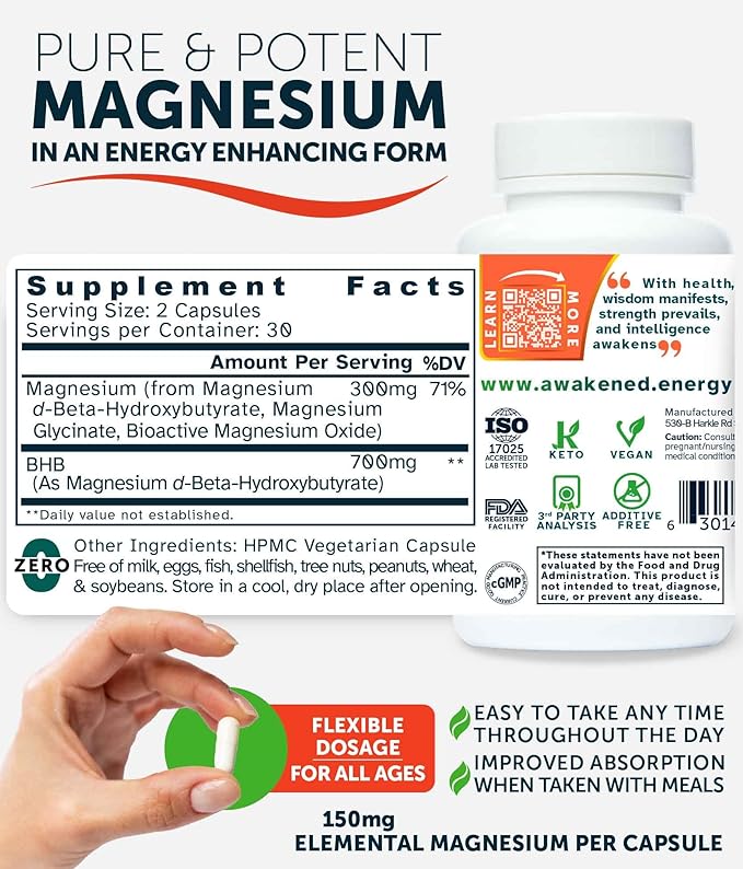 Blissful MitoMag – 300mg Elemental Magnesium Complex: Mg Glycinate Mg BHB - Sleep Muscles Mood Energy Cognitive Focus Calm – All Natural USA Made No Additives – 60 Vegan Capsules Supplement