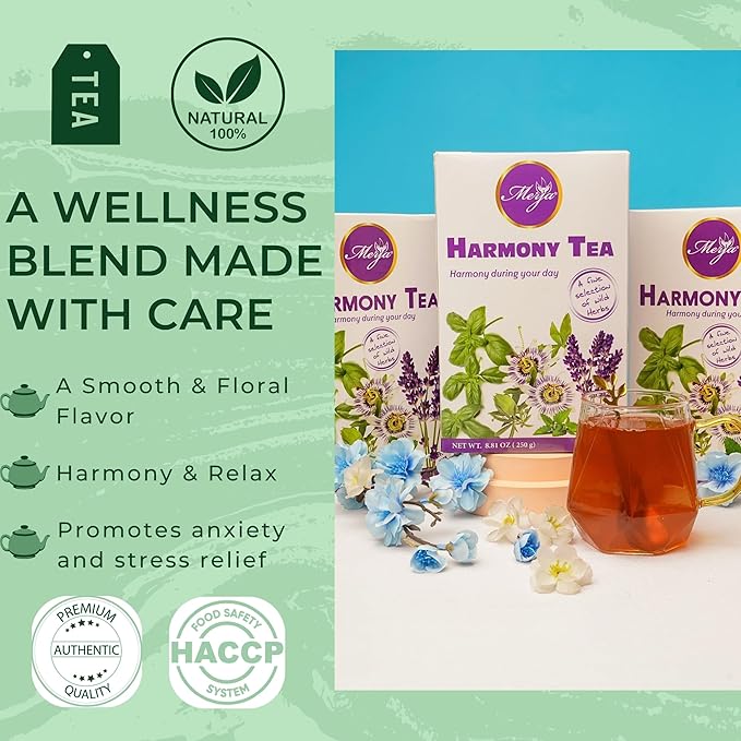 Merja Harmony Tea and Oil Set Natural Stress Relief Caffeine-Free Herbal Blend 8.81 oz Tea and 0.68 fl oz Oil
