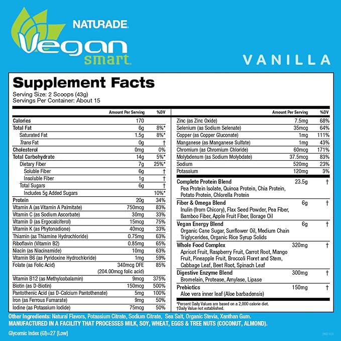 Vegansmart Naturade All-in-One Plant-Based Shake – Low Sugar Nutrition with Protein Fiber Vitamins &amp Minerals Supports Balanced Energy &amp Wellness Vanilla Vegan - 22.75 oz