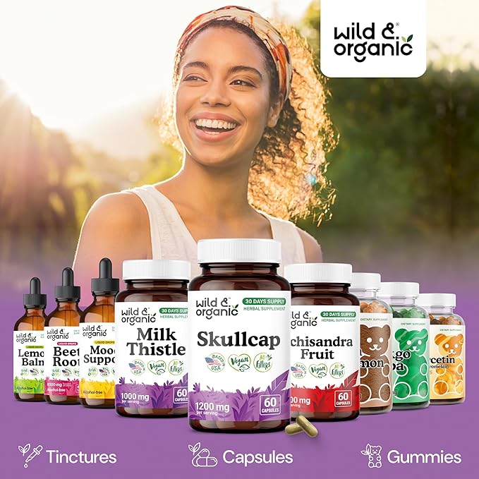 Wild &amp Organic Skullcap Capsules 1200 mg - Relaxing Skullcap Herb Supplement - 60 Capsules - Scutellaria Lateriflora Leaf Extract - 1-Month Supply - Vegan No Fillers Non-GMO