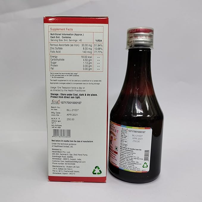 HealthBest Kidbest Iron (Haematinic) Syrup Zinc Folic Acid 200 ML (Pack of 2)