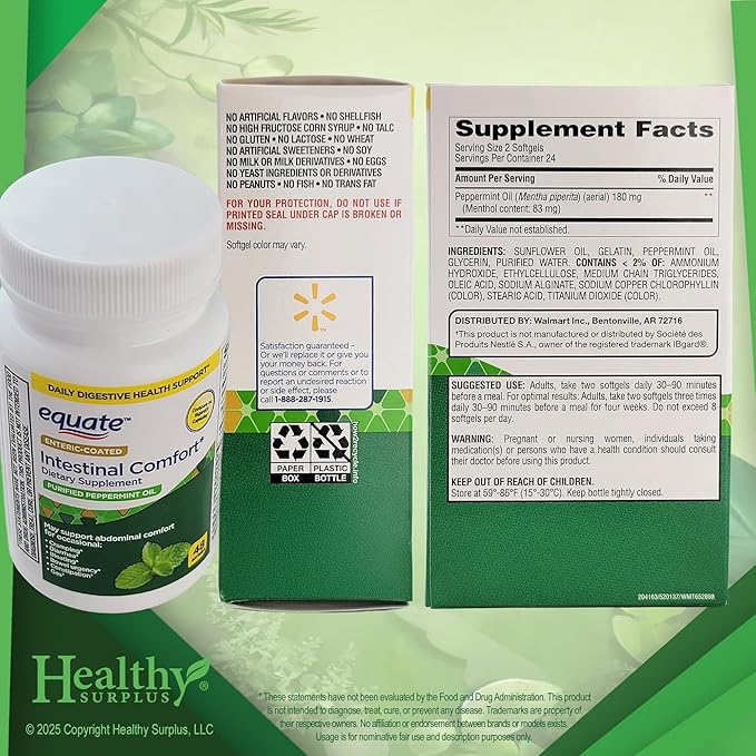 Equate Peppermint 48 Softgels 180 mg - Daily Digestive Health Support and Vital Volumes Tips Card