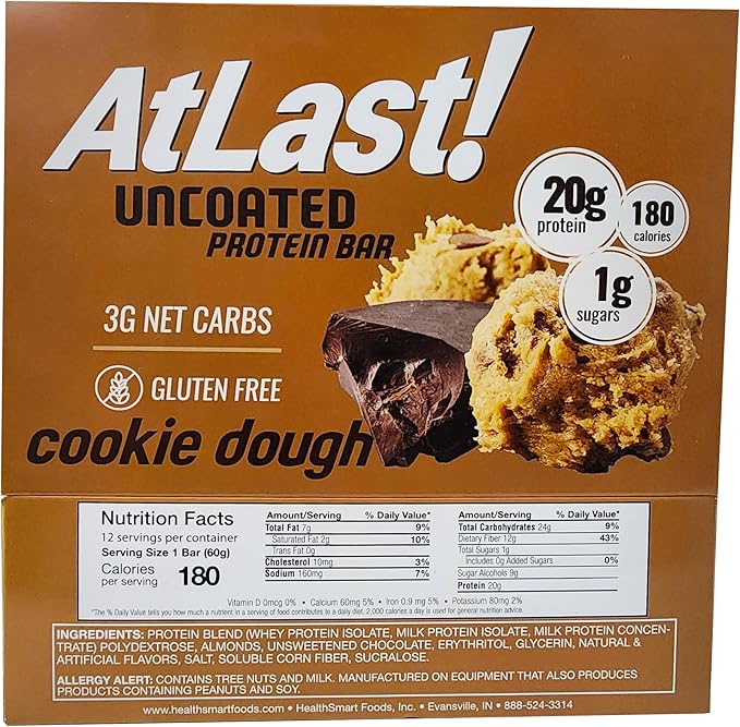 AtLast! Nutrition Cookie Dough Protein Bars 20g Protein 1g Sugar 3g Net Carb Gluten Free Keto Friendy 12 Count