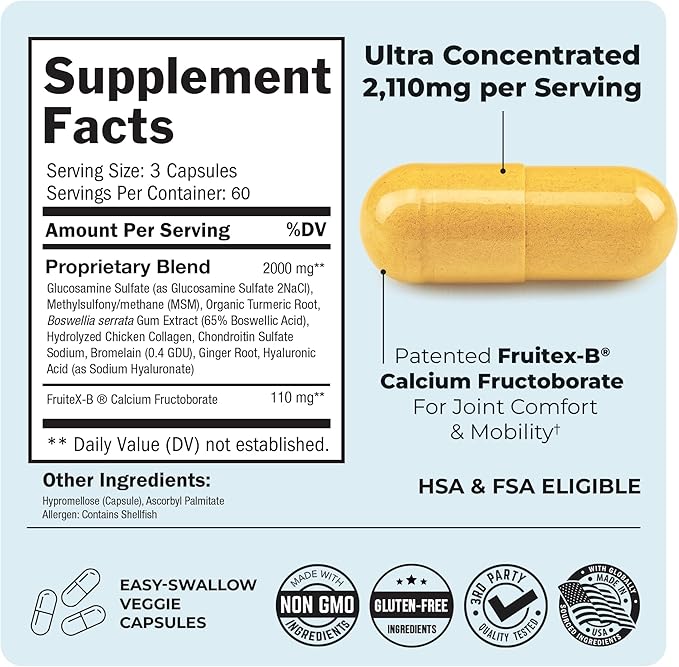 Glucosamine Chondroitin MSM Joint Support Supplement - Collagen Peptides Turmeric and Ginger Hyaluronic Acid Glucosamine Chondroitin Sulfate for Joint Comfort - Gluten Free Non GMO 180 Capsules