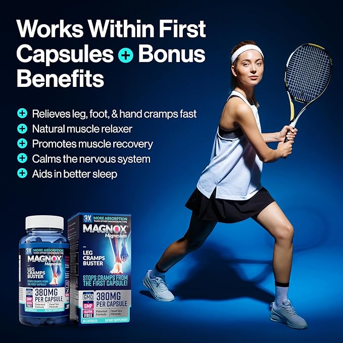 MAGNOX® Buster | Patented Clinically Tested 380mg Magnesium Supplement for Spasms &amp Leg Cramps at Night | One Capsule a Day for Almost Full Dosage | 3X More Absorption | Dead Sea Minerals (60 Caps