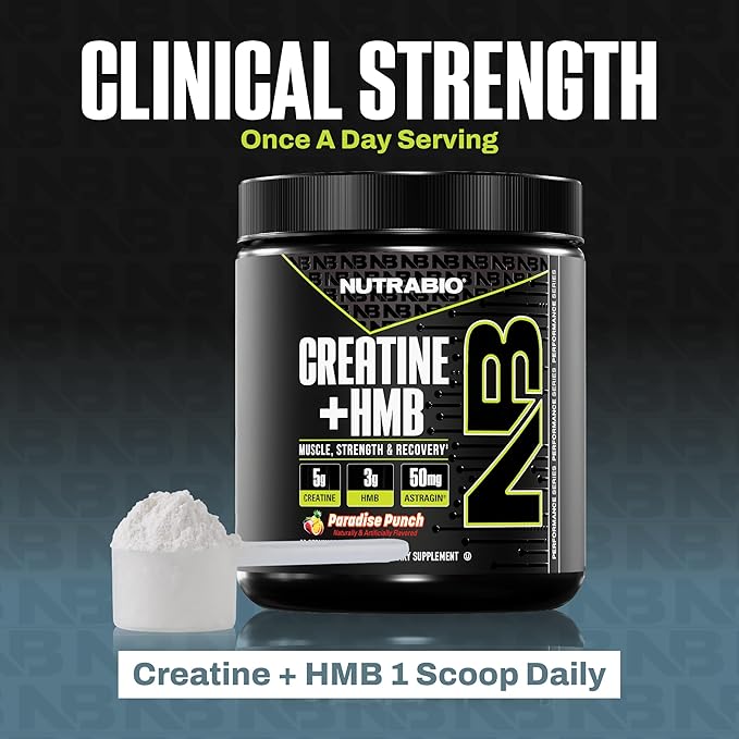 NutraBio Creatine + HMB- Creatine Monohydrate with HMB Powder for Muscle Growth Increased Strength- 30 Servings (Paradise Punch)