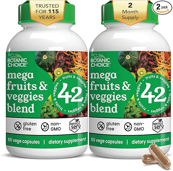 Botanic Choice Since 1910 - Mega Fruits &amp Veggies Blend - 42 Fruits and Vegetables - 2 Caps Daily - 60 Count Supplement - 2 Pack