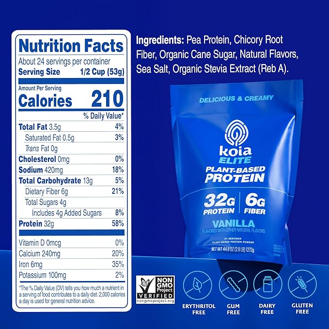 Koia Plant Based Protein Elite Powder Vanilla 32g Protein 4g Sugar 6g Prebiotic Fiber Pre &amp Post Workout 21 Vitamins &amp Minerals Dairy-Free Gluten-Free Non-GMO 24 Servings 44.8 Oz