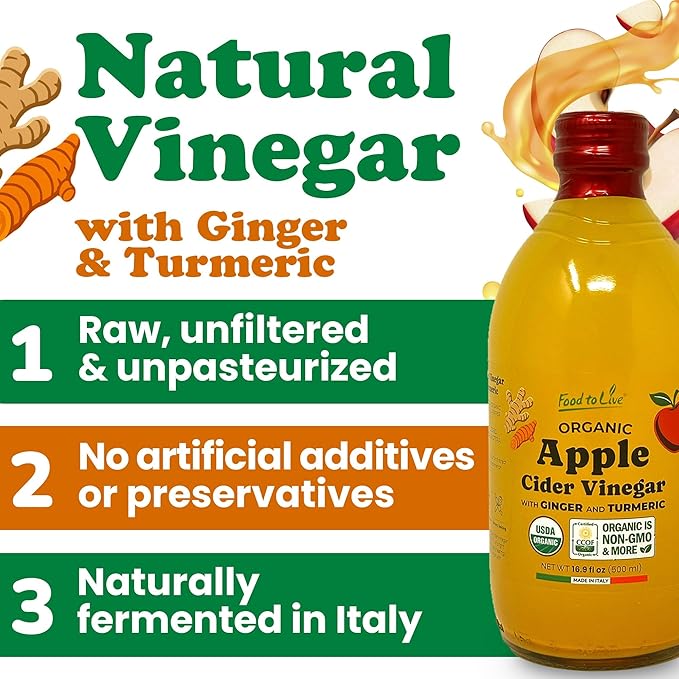 Food To Live Organic Apple Cider Vinegar with Ginger and Turmeric 500 ml – Raw Italian Unfiltered Unpasteurized Non-GMO Vegan Bulk Glass Bottle (Pack of 3)