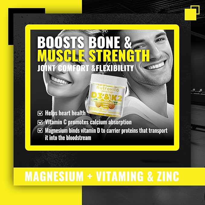 Nutravita Sugar-Free Vitamin D3 K2 Chews with Calcium + K2 (MK-7) Magnesium Citrate Vitamin C Extra Strength - Ultimate Absorption for Bone Muscle Teeth Immune Vegan - 60 Count-Pineapple Flavor