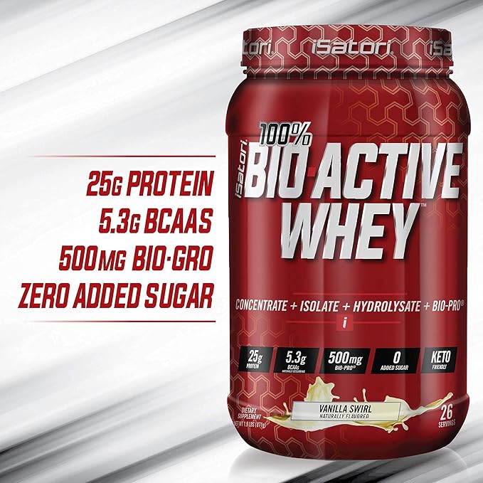 iSatori Bio-Active Whey Protein Powder - Vanilla Swirl (30 Servings) &amp iSatori Classic Blender Bottle (Clear Bottle with Red Top)