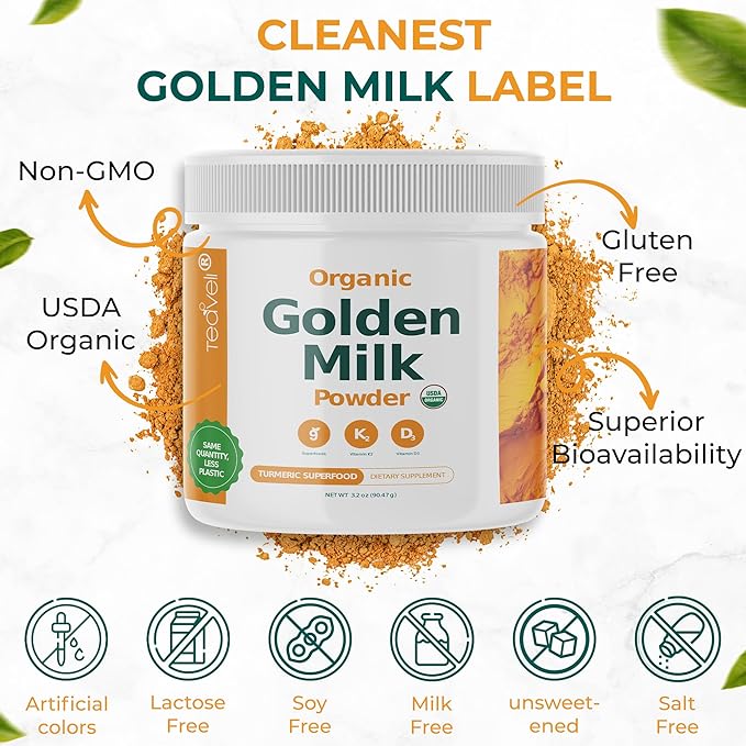Organic Golden Milk Powder with Vitamins D3 &amp K2 Turmeric Ginger Curcumin Cinnamon KSM66 Ashwagandha Holy Basil &amp Natural Prebiotics– Delicious Unsweetened Turmeric Tea Latte - 3 Pack