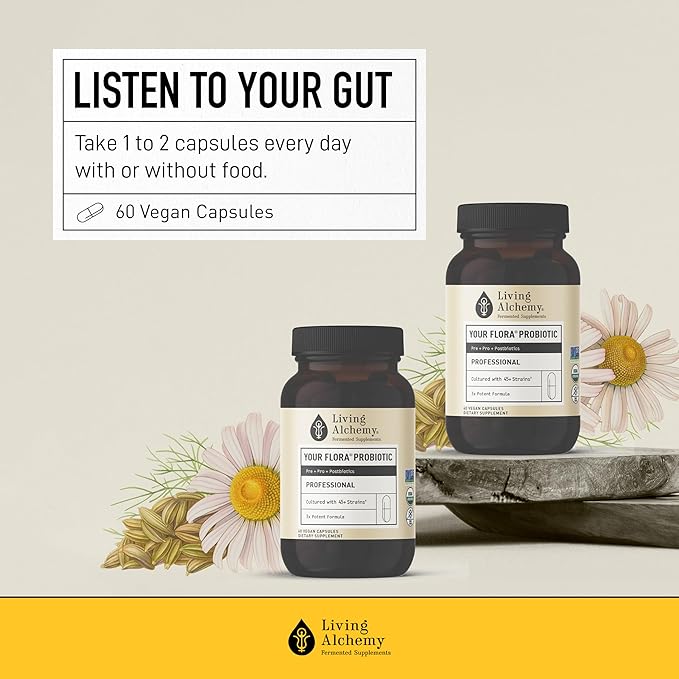Living Alchemy Gut Health Supplements for Men &amp Women - Your Flora Probiotic Professional Digestion Supplement with Fermented Soybean Prebiotics Digestive Enzyme - Vegan Non-GMO 60 Pcs