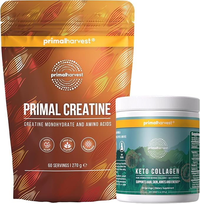 Primal Harvest Creatine Powder + Keto Collagen Powder Bundle | 2-Pack | Strength &amp Protein Support for Low-Carb Lifestyles | Unflavored 30 Servings Each
