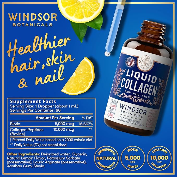 WINDSOR BOTANICALS 2p Liquid Collagen Hair Skin and Nails Vitamins and Cortisol Blocker - Beauty and Wellness Bundle