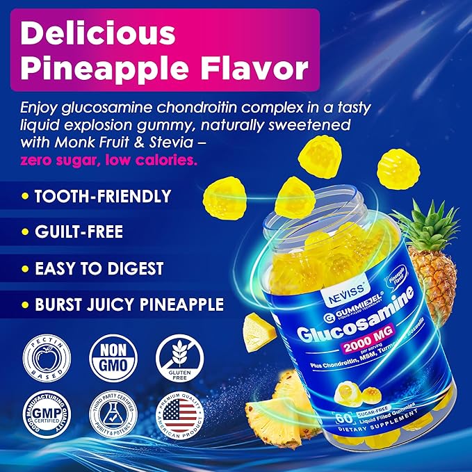 Sugar Free Glucosamine Chondroitin MSM Gummies - Max Strength Mobility Supplement for Women &amp Men w/ Glucosamine Sulfate 2000mg Boswellia Curcumin &amp Hyaluronic Acid - Flexibility Support - 6