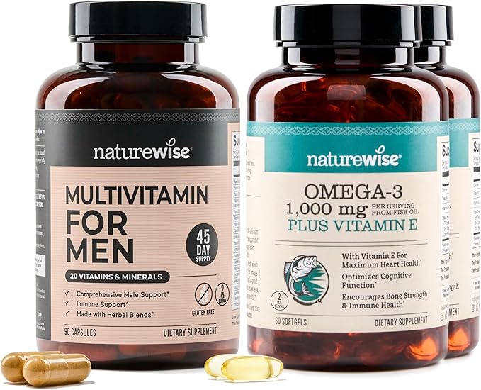 NatureWise [1] Multivitamin for Men - Non-GMO - 90 Capsules[45-Day Supply] + (Pack of 2) Omega 3 Fish Oil 1000mg + Vitamin E - Wild-Caught - 60 Softgels[30-Day Supply]