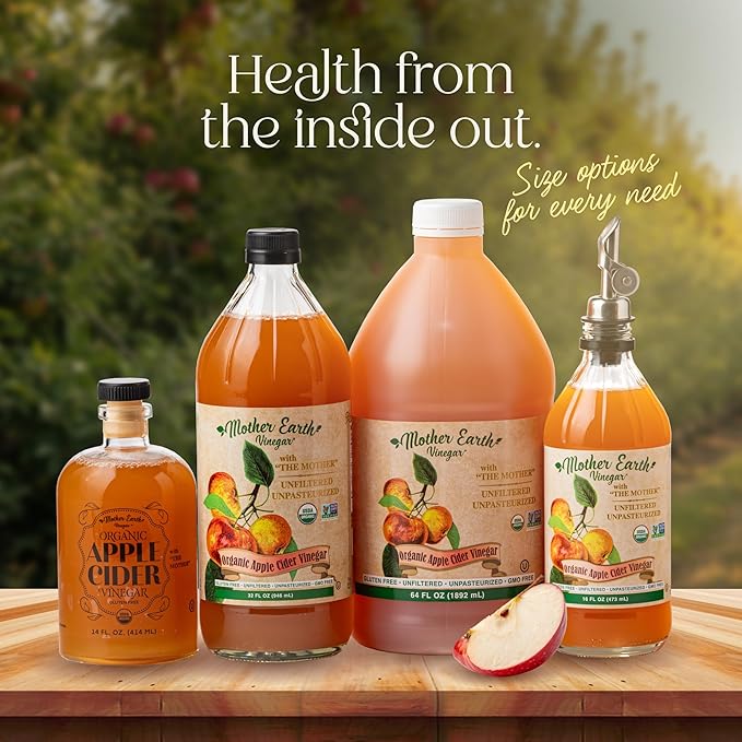 Mother Earth Organic Apple Cider Vinegar with The Mother Half Gallon Fresh Pressed Organic Apples OACV ACV Raw Unpasteurized Unfiltered (1/64oz Bottle)