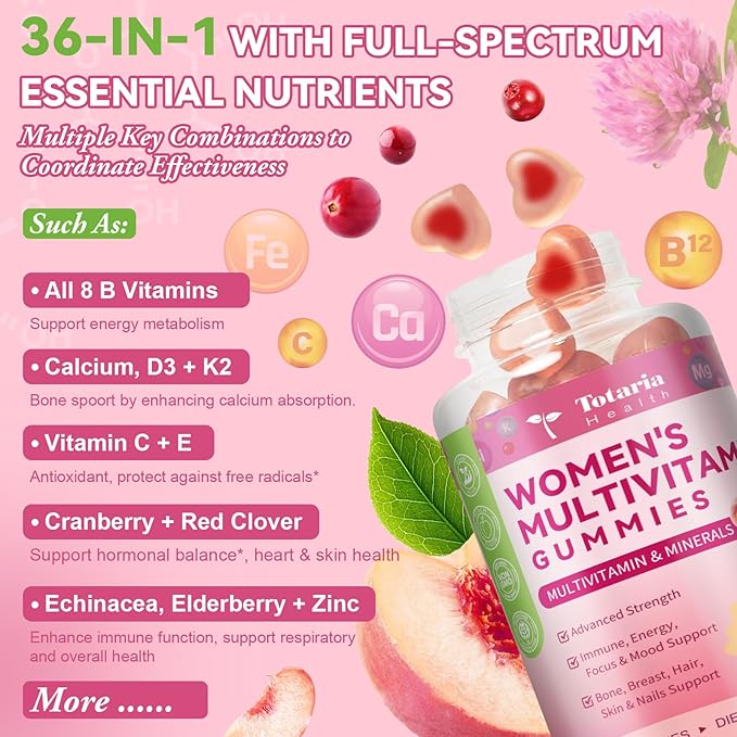 Totaria Sugar Free Multivitamin Gummies for Women 14+ w/Iron Inositol Folate Biotin Womens Daily Multivitamin Gummy w/Vitamin A C B D3 K2 for Hair Skin Energy Immune Peach Flavor