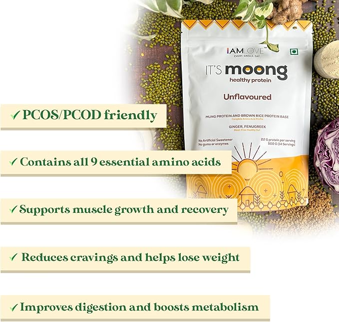 I AM LOVE It’s Moong Healthy Protein for Women &amp Men Vegan Protein Powder with Moong &amp Brown Rice Isolate 24 gm of Protein Easy to Digest &amp Gluten Free Belgian Chocolate Flavour (500g)