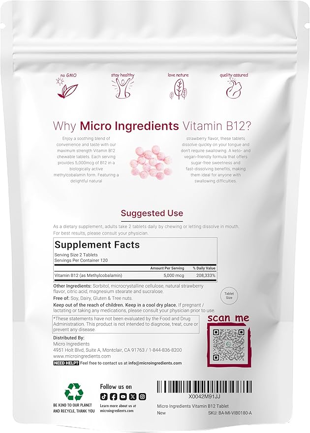Micro Ingredients Vitamin B12 5000 mcg | Methylcobalamin – 240 Chewable Tablets | Fast Dissolve Natural Strawberry Flavor | Vegan Non-GMO Gluten Free