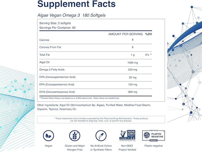 TAHIRO Vegan Omega-3 Softgels - Plant-Based Supplement with DPA DHA &amp EPA - Nutrients for Men Women and Pregnant Women - Supports Brain Health - Prenatal &amp Joint Supplements 1000mg