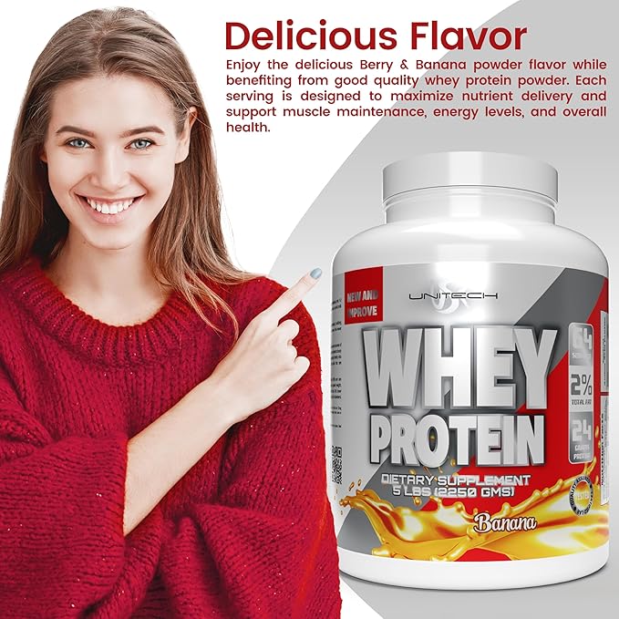 Unitech USK Whey Protein Banana Powder | Muscle Repair &amp Metabolism Support | Protein with Essential Amino Acids Enzymes &amp Minerals | Sports Supplement | Banana Flavor 80oz