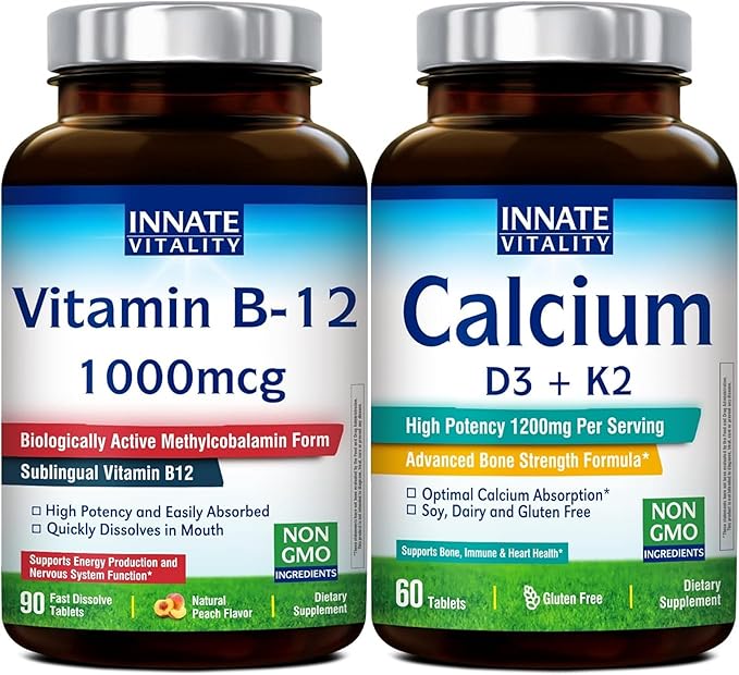Innate Vitality Calcium 1200mg with D3 &amp K2 + Vitamin B12 1000mcg Methylcobalamin Bundle | Bone Density Energy Metabolism &amp Mental Clarity Support | Fast Dissolve Sublingual Non-GMO Peach F