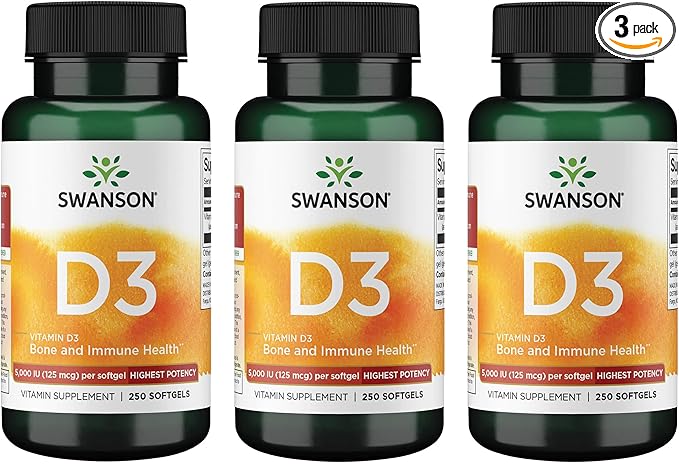 Swanson Vitamin D3 5000 IU Bone Immune and Heart Health Supplement for Sun-Deprived Adults Seeking Bone Immune and Heart Support - 125 mcg Cholecalciferol (250 Softgels 3 Pack)