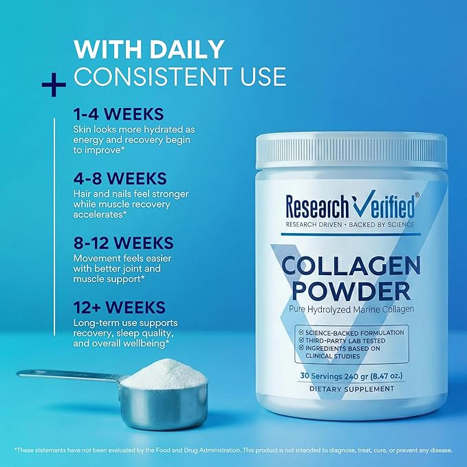 Research Verified® Collagen Powder - Hydrolyzed Marine Collagen Peptides - Unflavored - Skin Hydration and Elasticity Muscle Recovery Non GMO - 30 Scoops Per Container - 3 Month Supply