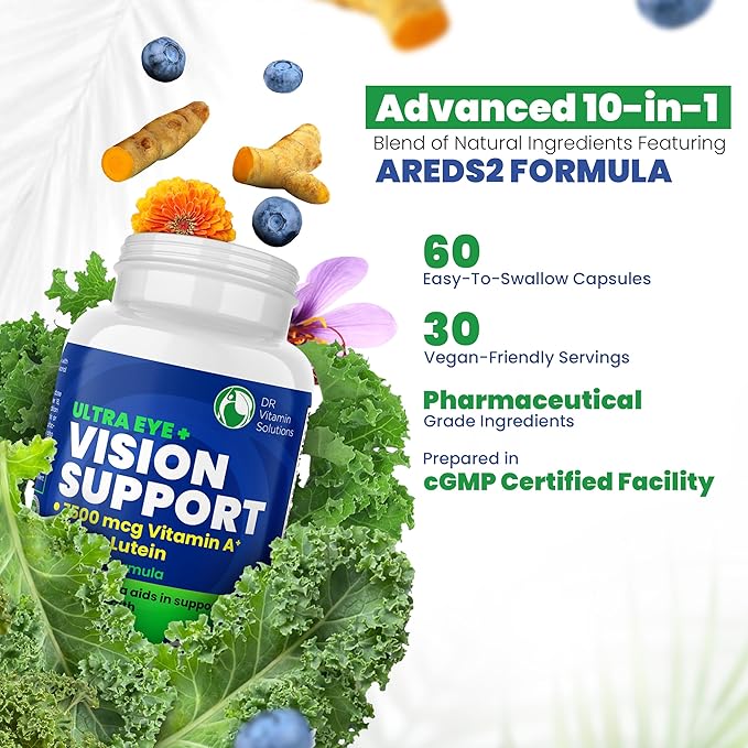 Vision Support Eye Vitamins for Macular Health | Supplements with Lutein Zinc Vitamin A &amp Bilberry | Areds 2 Formula for Red &amp Dry Eyes Sight Care (1 Bottle 60 Capsules)