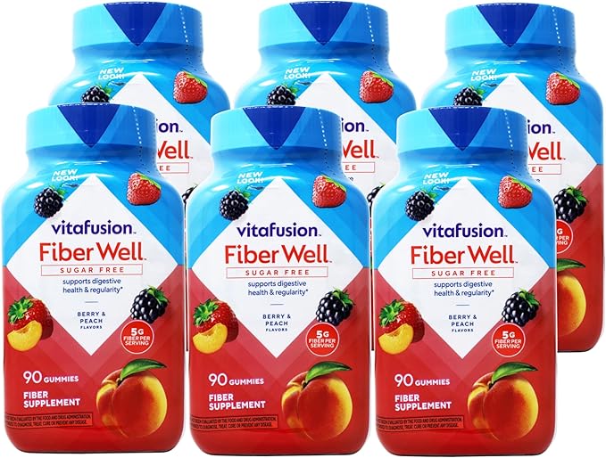 Vitafusion Fiber Well Sugar Free Gummies Dietary Supplement Peach/Strawberry/Berry 90 Ct (6 Pack) (Bundle)