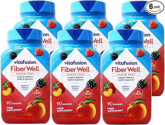 Vitafusion Fiber Well Sugar Free Gummies Dietary Supplement Peach/Strawberry/Berry 90 Ct (6 Pack) (Bundle)